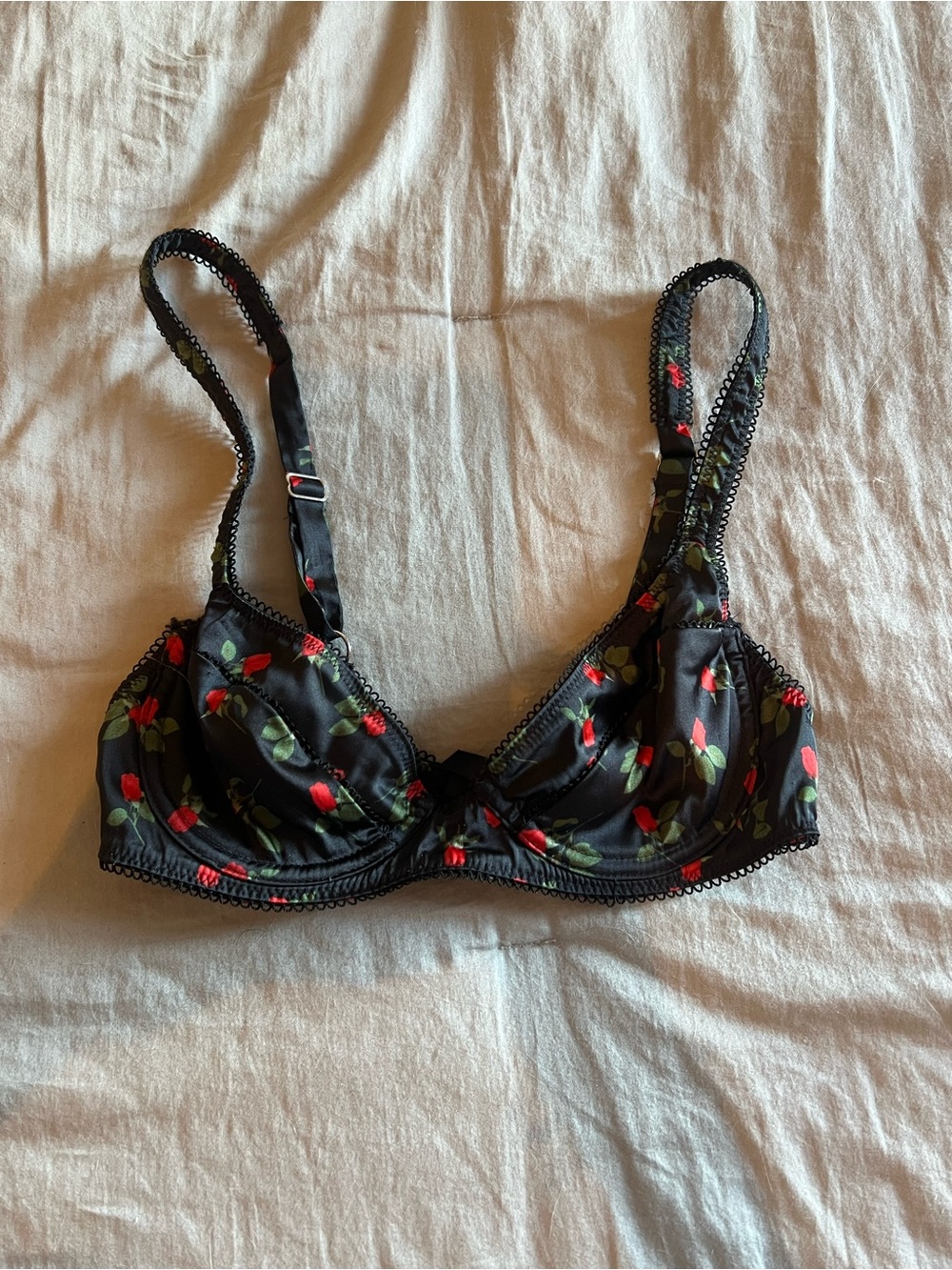 Forloveandlemons Black Floral Underwire Bra with Red Rose Print